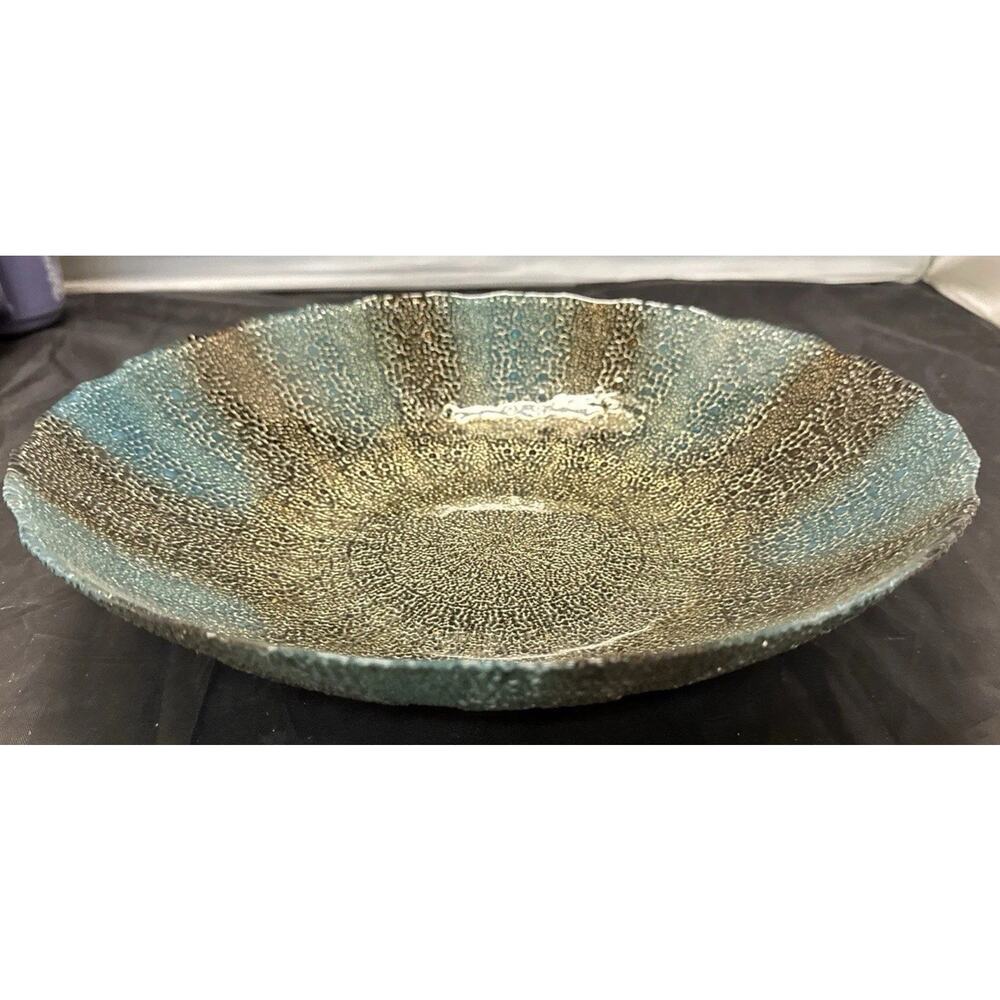 Artistic Accents Fused Glass Console Bowl 13” Scalloped Edge Teal Gold Turkey - Picture 2 of 8